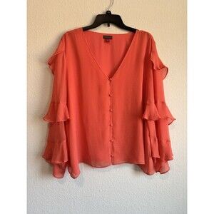 Vince Camuto Women's Long Sleeve Coral Chiffon Blouse Button Front Ruffle XL